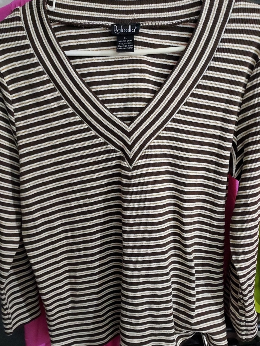Rafaella Brown & Cream Striped V-Neck Sweater
